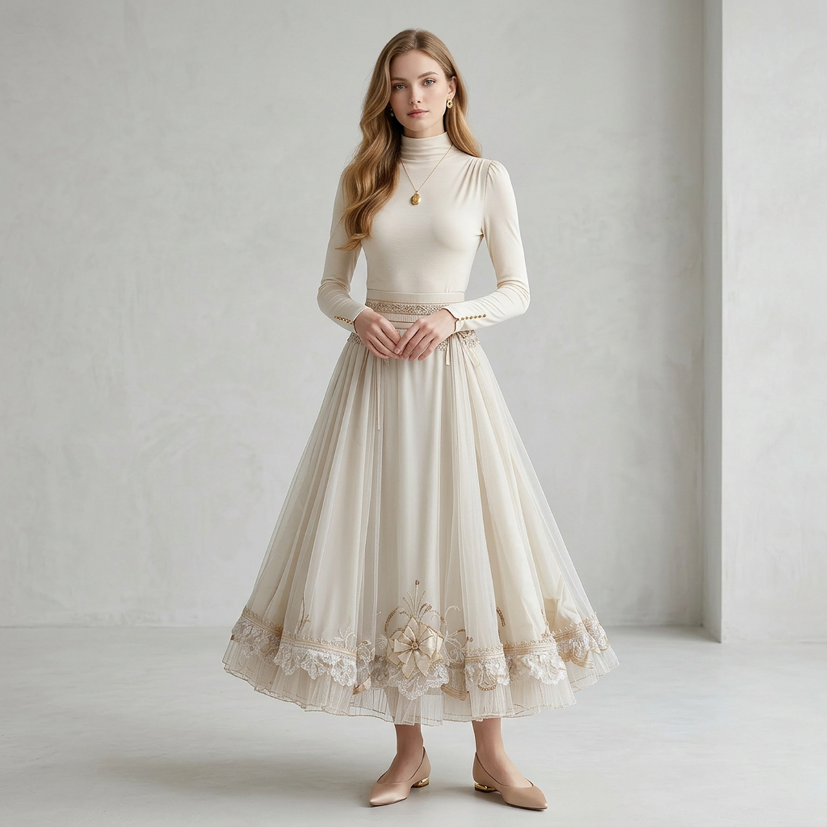 Ivory Embellished Lace Bow Maxi Skirt