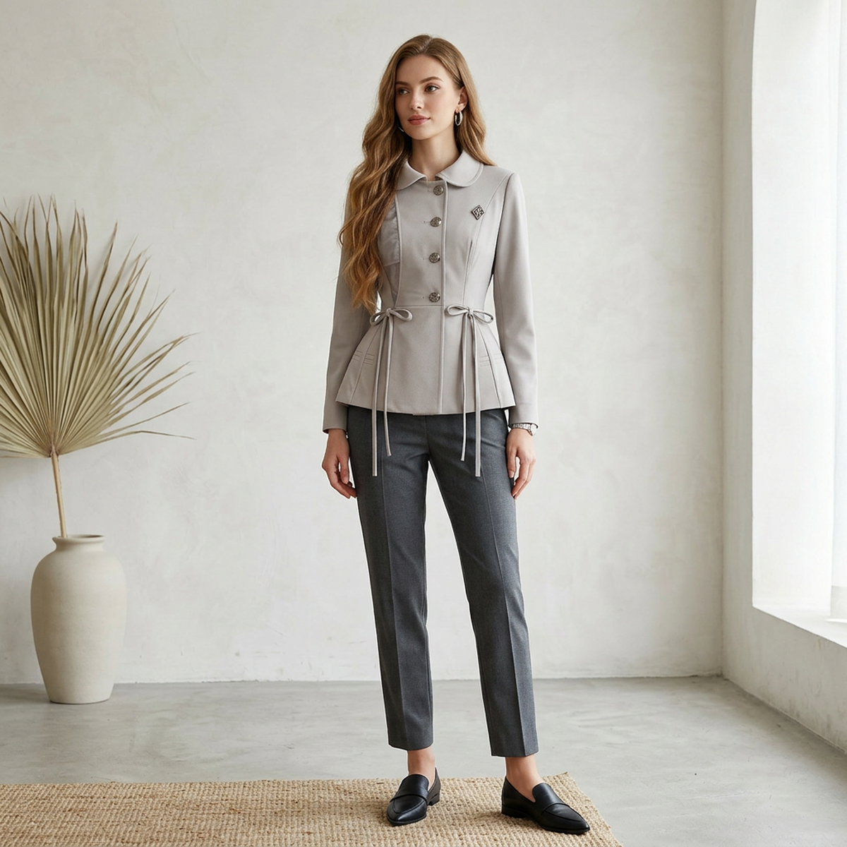 Soft Taupe Bow-Tie Peplum Tailored Jacket