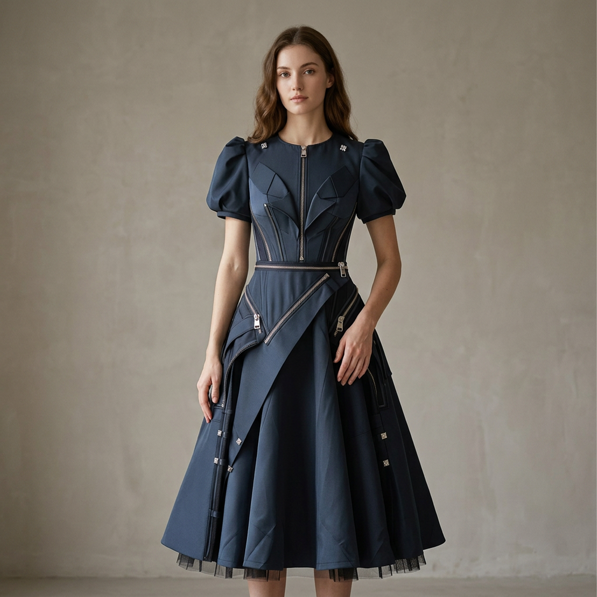 Midnight Navy Zip Detail Structured Midi Dress