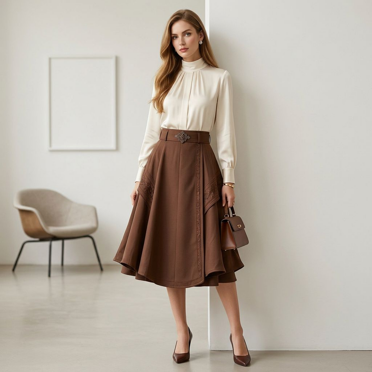 Chocolate Brown Baroque Embroidered A-Line Midi Skirt