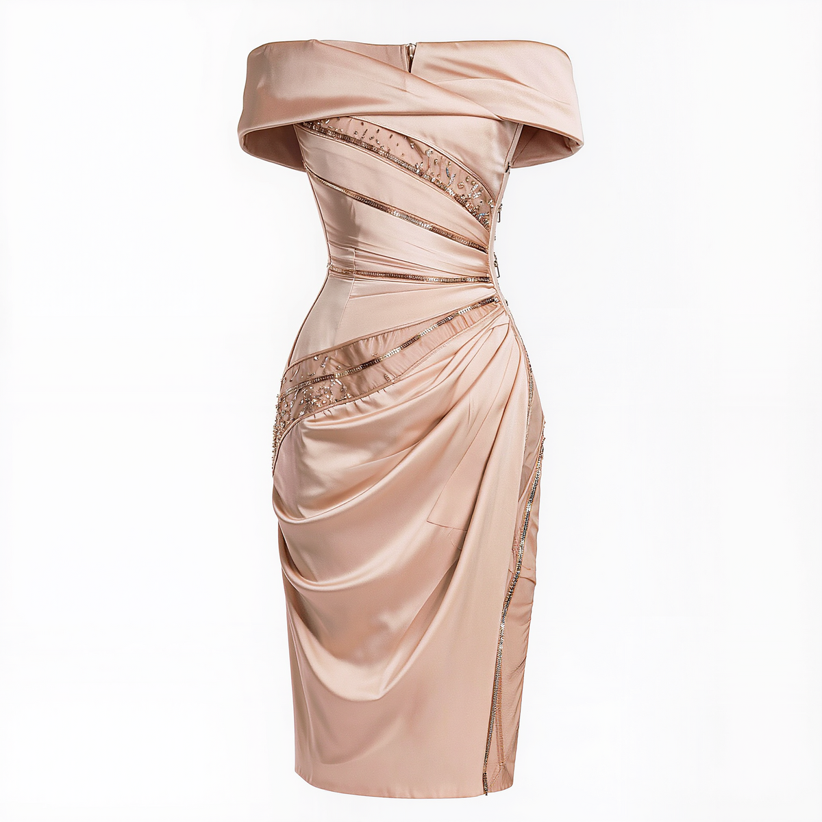 Champagne Embellished Off-Shoulder Draped Midi Dress