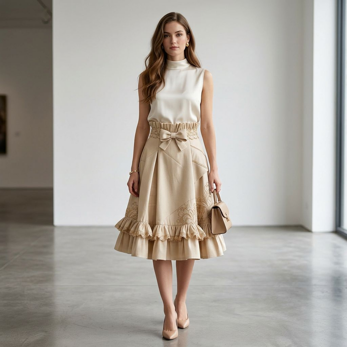 Champagne Embellished Satin Cutout Midi Dress