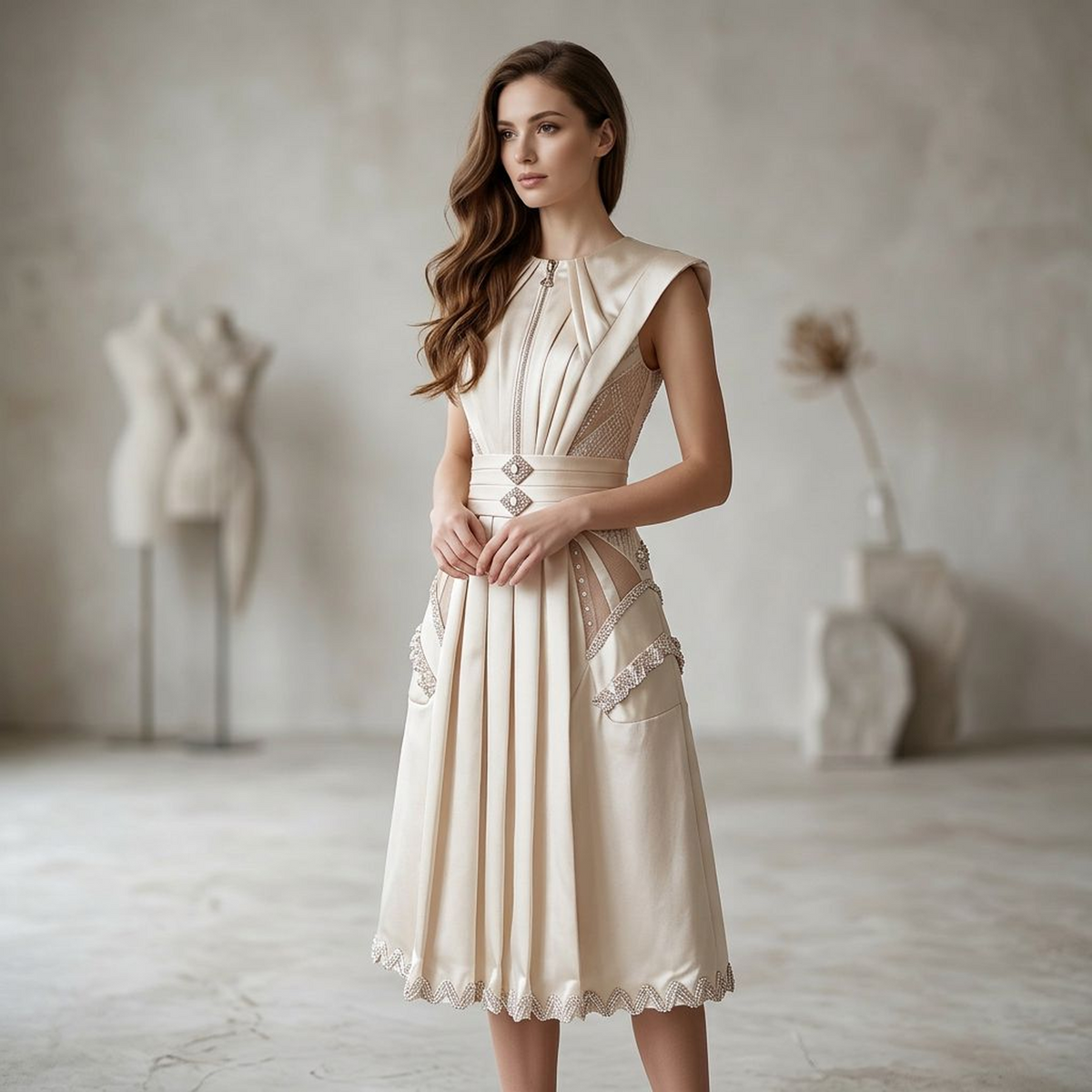 Champagne Crystal Embellished Pleated Midi Dress