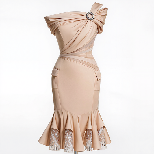 Champagne Asymmetric Draped Mermaid Midi Dress