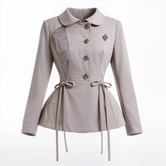 Soft Taupe Bow-Tie Peplum Tailored Jacket