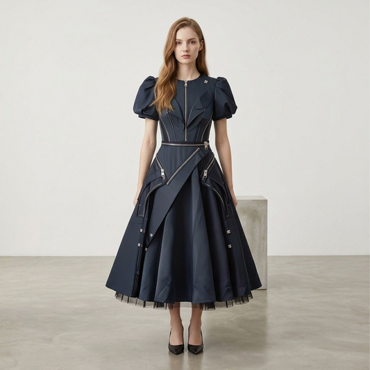 Midnight Navy Zip Detail Structured Midi Dress