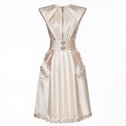 Champagne Crystal Embellished Pleated Midi Dress