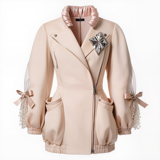 Blush Pink Crystal Embellished Moto Jacket