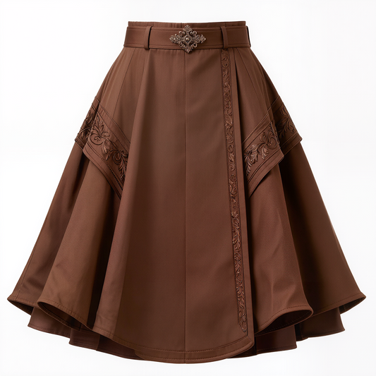 Chocolate Brown Baroque Embroidered A-Line Midi Skirt