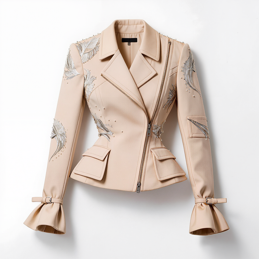 Blush Pink Embellished Feather Moto Jacket
