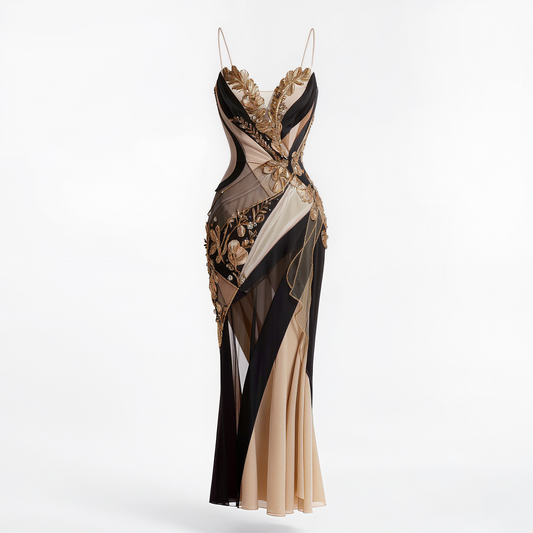 Black &amp; Gold Embellished Sheer Evening Gown