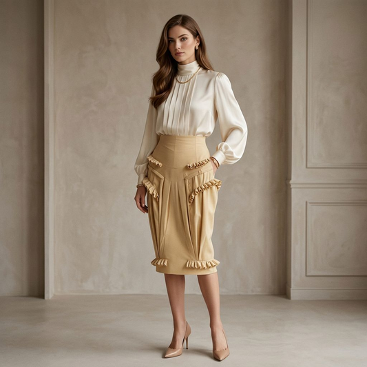Butter Yellow Ruffle Detail High-Waist Midi Skirt