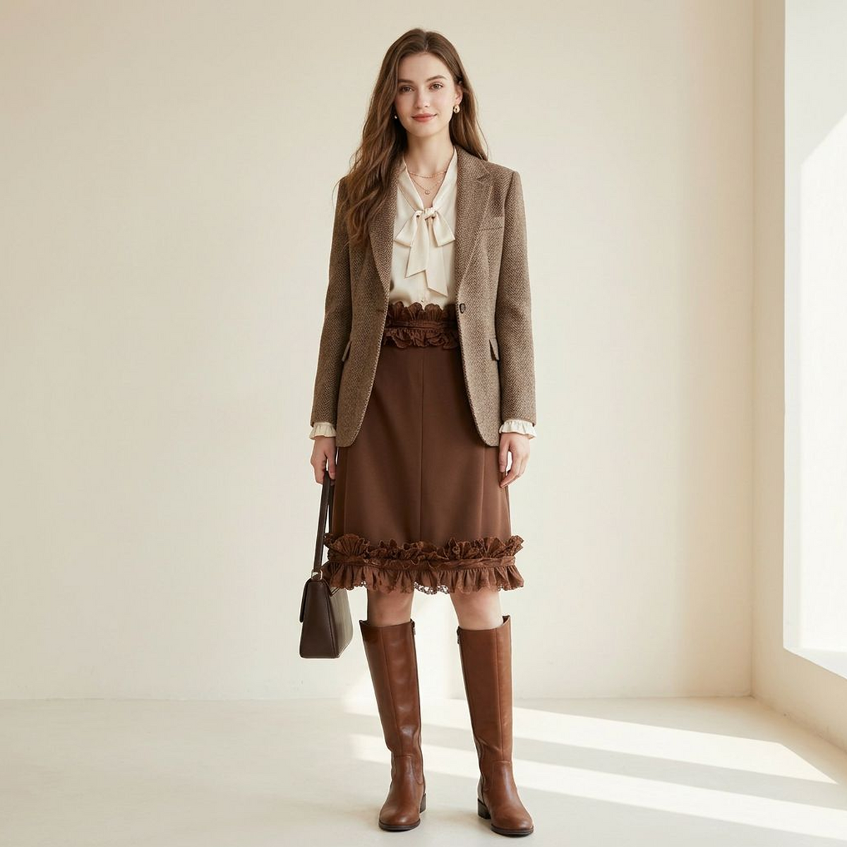 Chocolate Brown Lace Ruffle Midi Skirt
