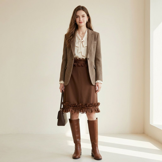 Chocolate Brown Lace Ruffle Midi Skirt