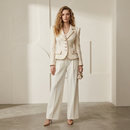 Ivory Gold-Trim Sculpted Waist Blazer