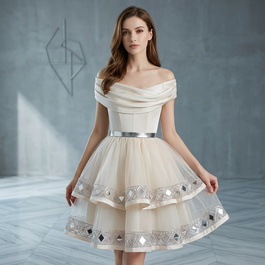 Champagne Embellished Tulle Corset Mini Dress
