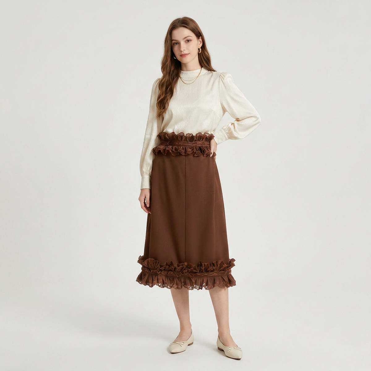 Chocolate Brown Lace Ruffle Midi Skirt