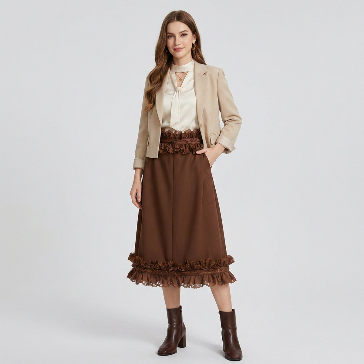 Chocolate Brown Lace Ruffle Midi Skirt