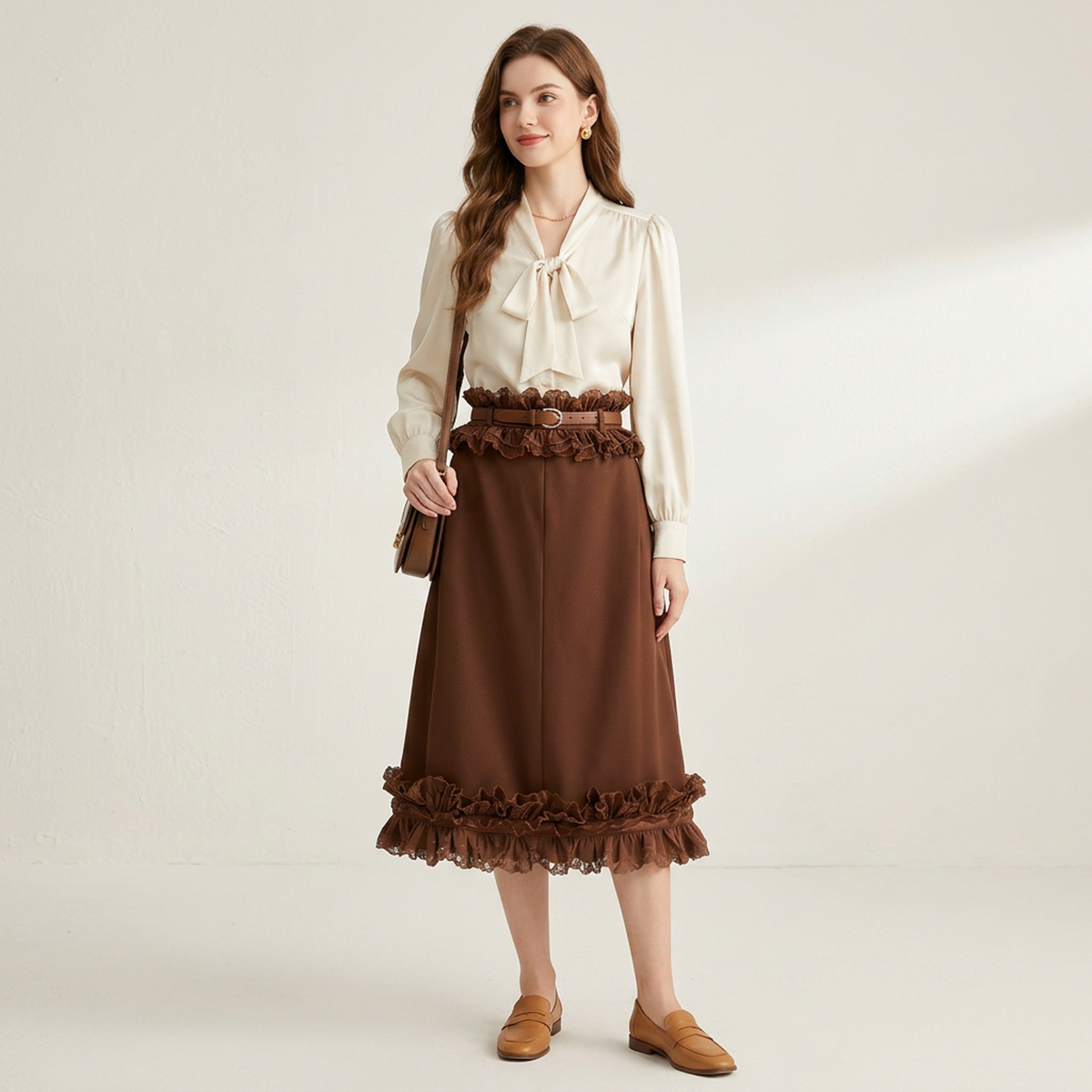 Chocolate Brown Lace Ruffle Midi Skirt